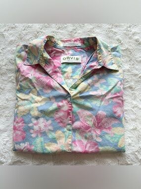 Vintage Orvis Hawaiian Shirt Womens 10 Blue Floral Hibiscus Single Stitch 90s